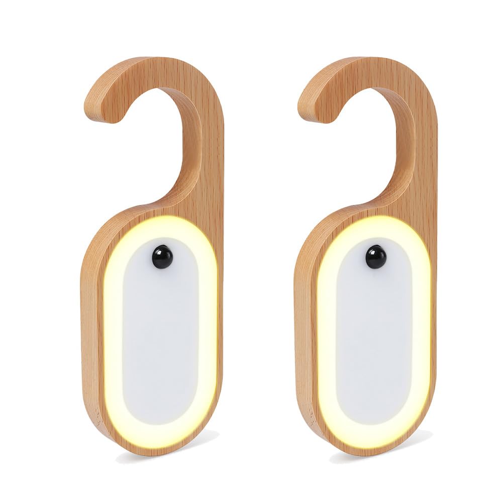 LANDGOO Message Motion Sensor Light, Portable Doorknob Memo Board Night Light with Stickers, Wooden Battery Rechargeable Warm LED Lamp for Bedroom Bathroom, Hanging Doorhandle Lighting (Beech 2Pack)