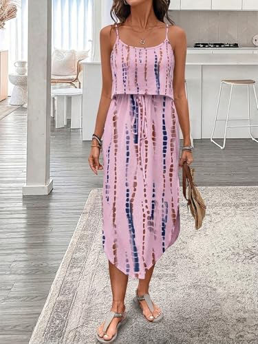 Image of RoseSeek Women's Spaghetti Strap Tie Dye Cami Sun Dress Beach Midi Summer Dresses Resort Wear Vacation Outfits