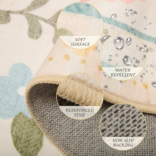 Floral 6ft Area Rug Machine Washable Soft Print Boho Carpet Non Slip Doormat Low Pile Flower Area Rugs for Living Room Bedroom Nursery Kitchen Dining Room Indoor-Beige/White/Orange