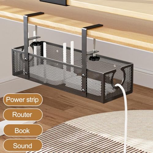 Bandeja ajustable para gestión de cables bajo escritorio, organizador de cables sin perforación, cesta resistente y de gran capacidad, soporte oculto para regleta para escritorios de oficina y hogar (Negro) miniatura 5