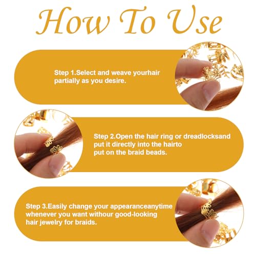 مجوهرات شعر ذهبية 50 قطعة من براساكو للضفائر والجدائل والضفائر - حلقات معدنية واساور عريضة ومشابك زينة للنساء والفتيات