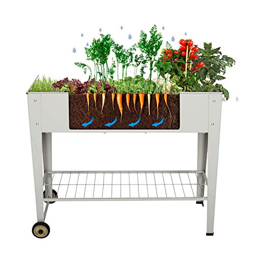 Kintness Raised Planter Box with Legs Metal Outdoor Elevated Garden Bed for Backyard Patio w/Wheels Storage Shelf