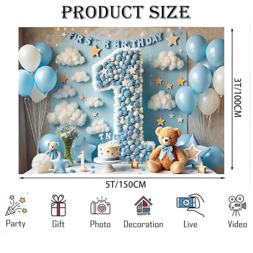 Fondo para Fotos Primer Cumpleaños Niño 5x3ft Azul miniatura 6