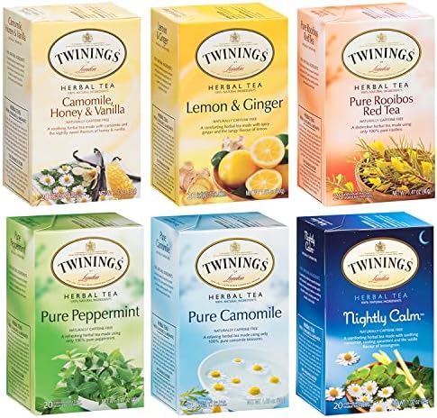 Twinings Tea Herbal Variety Pack, 6 Flavors: Pure Peppermint, Pure Camomile, Camomile Honey & Vanilla, Lemon & Ginger, Rooibos Red Tea, Nightly Calm Tea, 20 Tea Bags Each (120 Tea Bags Total)