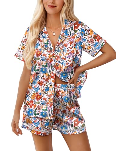 Image of Ekouaer Womens Silk Pajama Sets Button Up Satin Pjs Short Sleeve 2 Piece Pj Sets Cute Lounge Sets with Chest Pocket