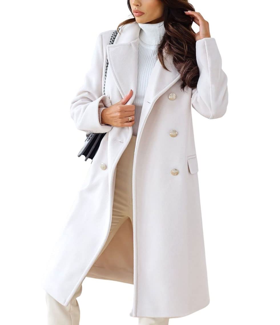 chouyatou Womens Winter Lapel Double Breasted Office Work Long Wool Pea Coat Overcoat