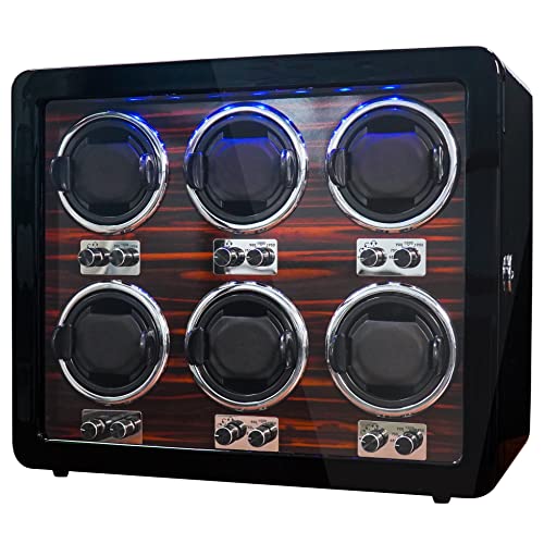 ORYX 6 Watch Winders for Automatic Watches Wooden Rotating Watch Box 15 Rotation Modes Setting Storage Case for Rolex with LED Light, AC Adapter Powered Super Quiet Mabuchi Motor