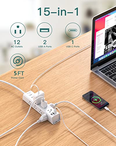 Image of Surge Protector Power Strip - 10 FT Extension Cord, Power Strip with 12 Widely AC Outlet 3 USB, Flat Plug, Wall Mount Overload Protection, 1050J, (5ft)