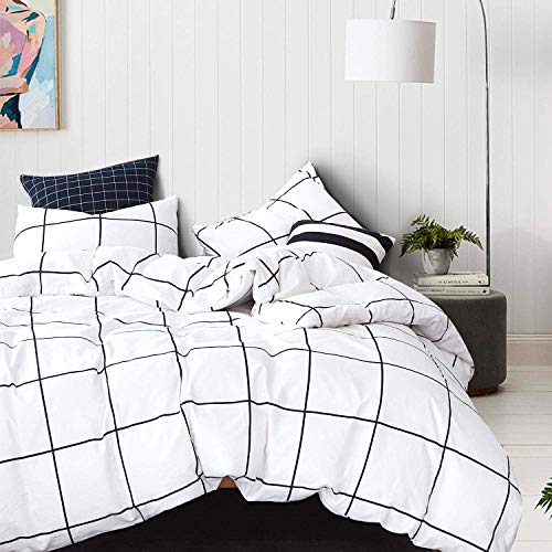 Image of KAREVER White Grid Comforter Set Big Grid Queen Cotton White Black Plaid Printed Stripes Women Checkered Queen Comforters Bedding Set Bed Blanket Set White Plaid Comforter