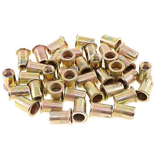 Keadic 100Pcs M8 Rivet Nuts Metric Zinc Plated Rivet Nut Carbon Steel Rivet Nut Flat Head Threaded Insert Kit Threaded Rivet Insert Nutsert Rivnuts Kit for Furniture