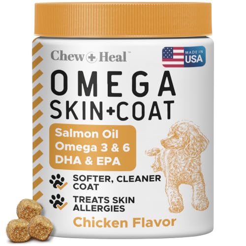 Omega 3 Fish Oil for Dogs - 180 Soft Chews for Itch Relief Shedding & Hot Spots - Skin and Coat Supplement - Salmon Oil EPA & DHA - Allergy Chews - Made in USA - Chew + Heal
