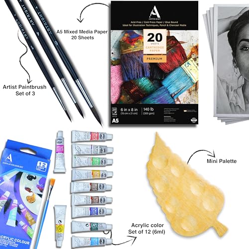 Image of 36 Pcs Painting Kit for Beginners & Kids with 3 Paint Brushes, 20 Mixed Media Papers, 1 Painting Palette, Artists Acrylic Color Set of 12 (6ml each)