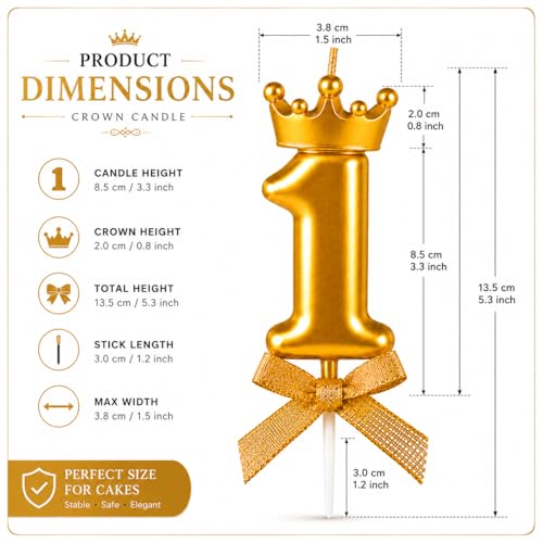 Image of Number 1 Cake Decoration Unscented Wax Candle with Crown for Birthday, Wedding, Engagement, Theme Party, Bachelorette Celebration 1 Pc Gold