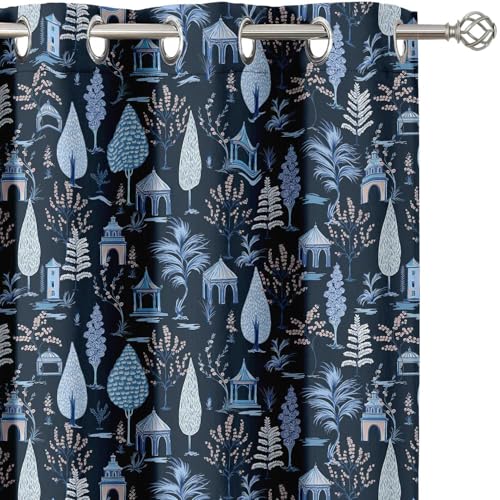 Vargottam Tree Landscape Design Blackout Curtains - Set of 2 Panels, 42 x 63 Inches Each - Light Blocking & Thermal Insulated Drapes with Grommet Top for Bedroom & Living Room - Blue