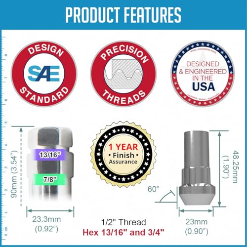 Image of Wheel Accessories Parts 4 Locks + Key 1 /2 inch-20 Thread Closed End Bulge 1.90 inch Long Wheel Lock Chrome Dual Hex Key 13 /16 inch and 3 /4 inch Hex Fits Chevy K20 K30 C30 Ford F-150 GMC C15 C1500