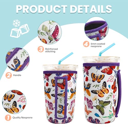 Image of KJQJLY 3 Pack Reusable Iced Coffee Sleeves for Iced Coffee Cups or Drinks Reusable Neoprene Insulated Sleeves for Hot and Cold Drinks from Starbucks, Dunkin, And More (White butterfly)
