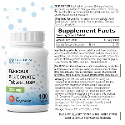 Puregen Labs Ferrous Gluconate 324 mg [High Potency] Iron Supplement, Gentle on Stomach - 100 Tablets