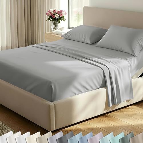 Image of California Design Den Split King Sheet Set - 100% Cotton, Luxury 600 Thread Count, Breathable Split King Size Sheets for Adjustable Bed, Luxury Durable Sheets with Soft Sateen Weave - Light Grey