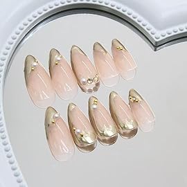 Press on Nails Medium Almond Fake Nails French Tips False Nails with Gold Line Design 24 pcs Stick on Nails for Women