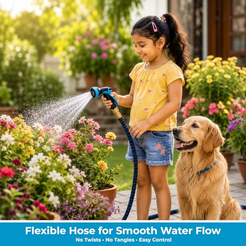Image of Expandable Telescopic Garden Hose 75FT with 10 Spray Patterns Nozzle |Flexible Water Hose Pipe with 3 /4 Inch & 1 /2 Inch Fittings, Brass Connectors, Leak Proof & Kink Free for Car Washing |Black&Blue