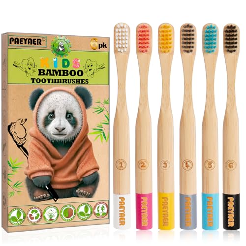 paeyaer New Kids Bamboo Toothbrushes - 6 Pack, Organic Soft