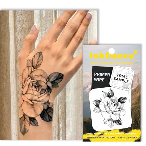 InkDance Semi-Permanent Tattoo, Noir Sketch Peony, Long Lasting Temporary Tattoos for Women & teens, Waterproof Plant-Based Ink, Lasts 1-2 Weeks, Color Develops in 24 Hours D279