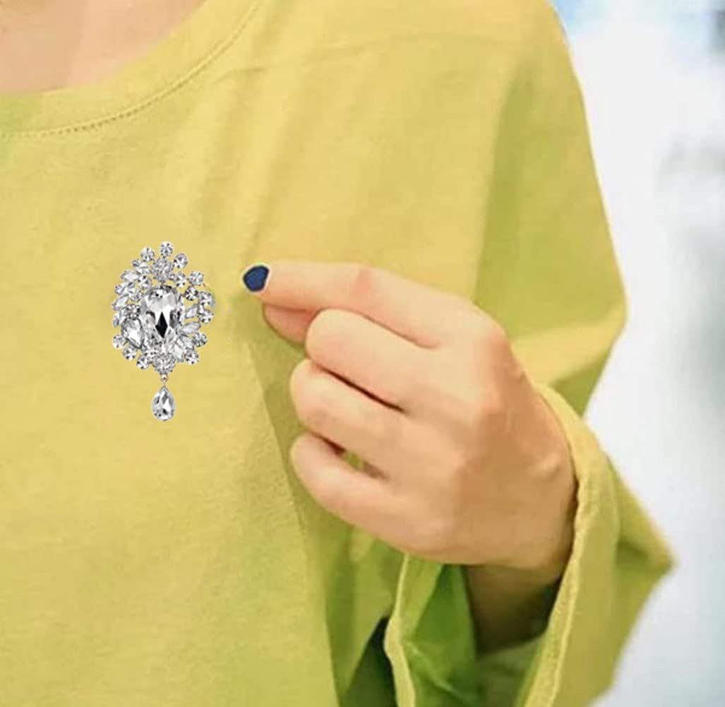 QUREZA White Crystal Water-drop Pin Rhinestone Pendant Lapel Pin Brooch Women Gift - Image 3
