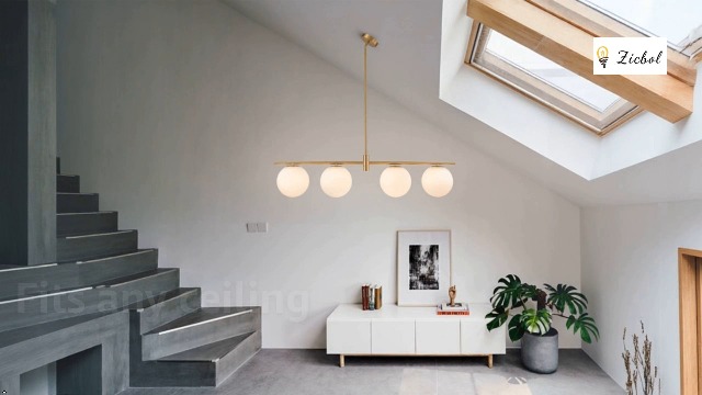 Image of 45.3 inch Modern Linear Chandelier 4-Lights Milk Glass Globe Linear Pendant Light Fixture Brushed Gold Mid Century Chandelier Kitchen Island Dining Room Light Fixture Over Table