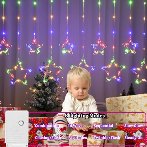 Image of fizzytech Star SMD Curtain LED String Lights - 138 LED, 8 Flash Modes, Multicolour Copper Wire Fairy Lights for Window, Wall, Garden, Diwali, Christmas, Wedding & Home Decoration