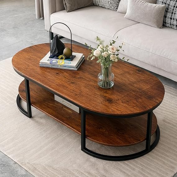 Modern Oval Coffee Table Faux Marble Top, 2 Tier Wooden Centre Tea Table with Metal Frame Living Room Furniture Bedroom and Farmhouse, Center Table (Black Brown)