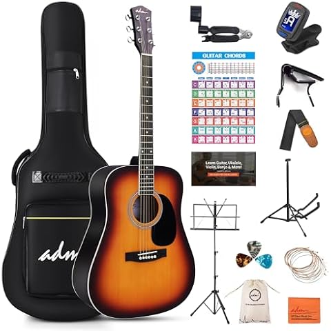 ADM Dreadnought Acoustic Guitar Kit with Free Lesson for Beginner Adult Teen Full Size Acustica Guitarra Starter Bundle Set w/Bag Strap Tuner Capo Pickguard Music Stand Right Hand(Sunburst, 41 Inch) Cover