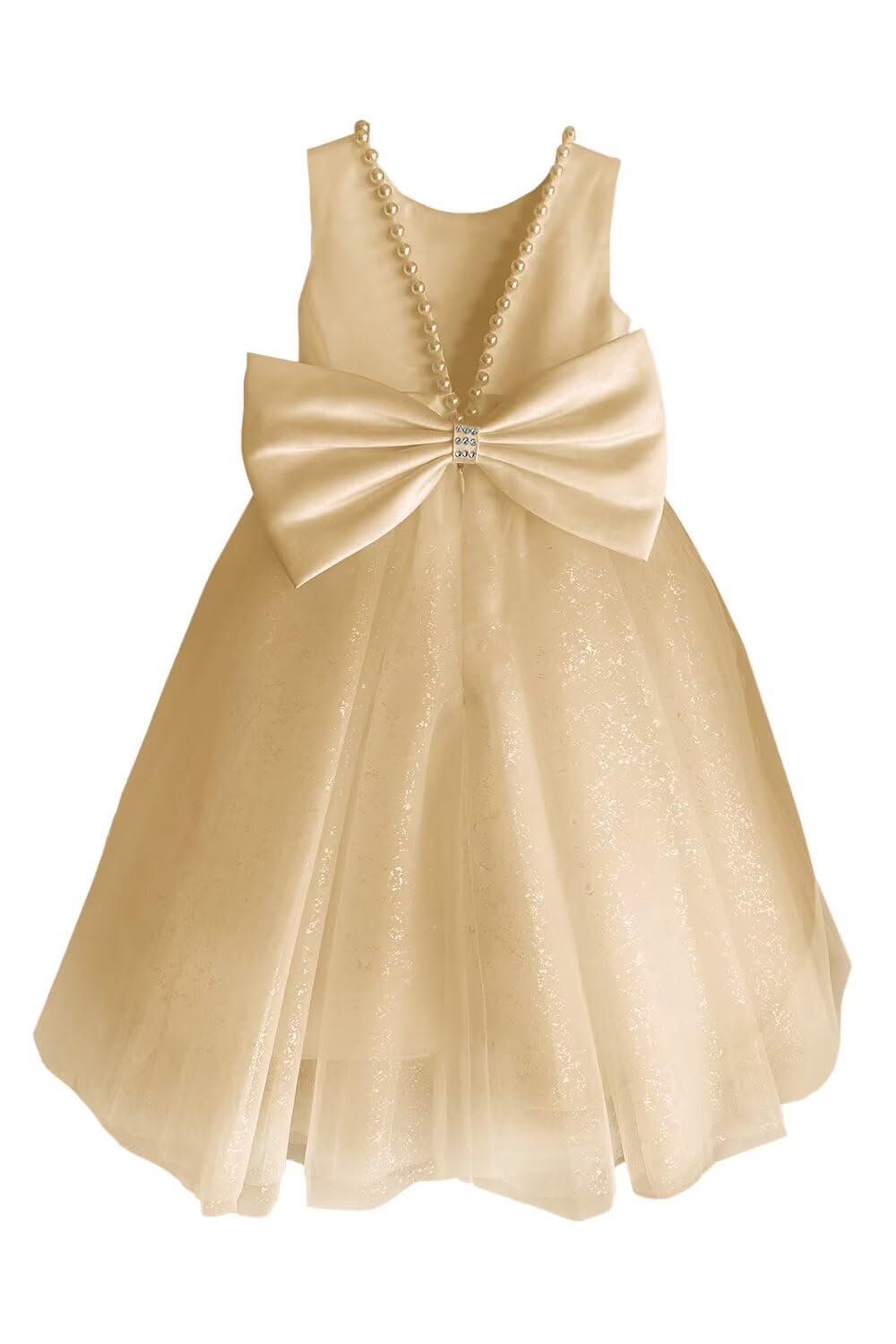 Vestido de tul con purpurina para niña, espalda en V, vestido de fiesta con perlas, vestido de princesa de longitud completa con nudo de lazo, Dorado, 4