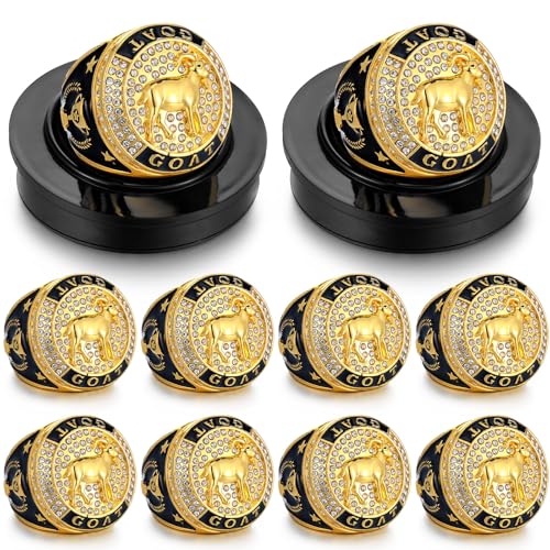 Highergo 10 Pcs Goat Championship Trophy Ring with Display Neck Chain and Stand Goat Medal Award Gift Greatest of All Time for Tournament or League Champion Winner Sports Award (Classic)