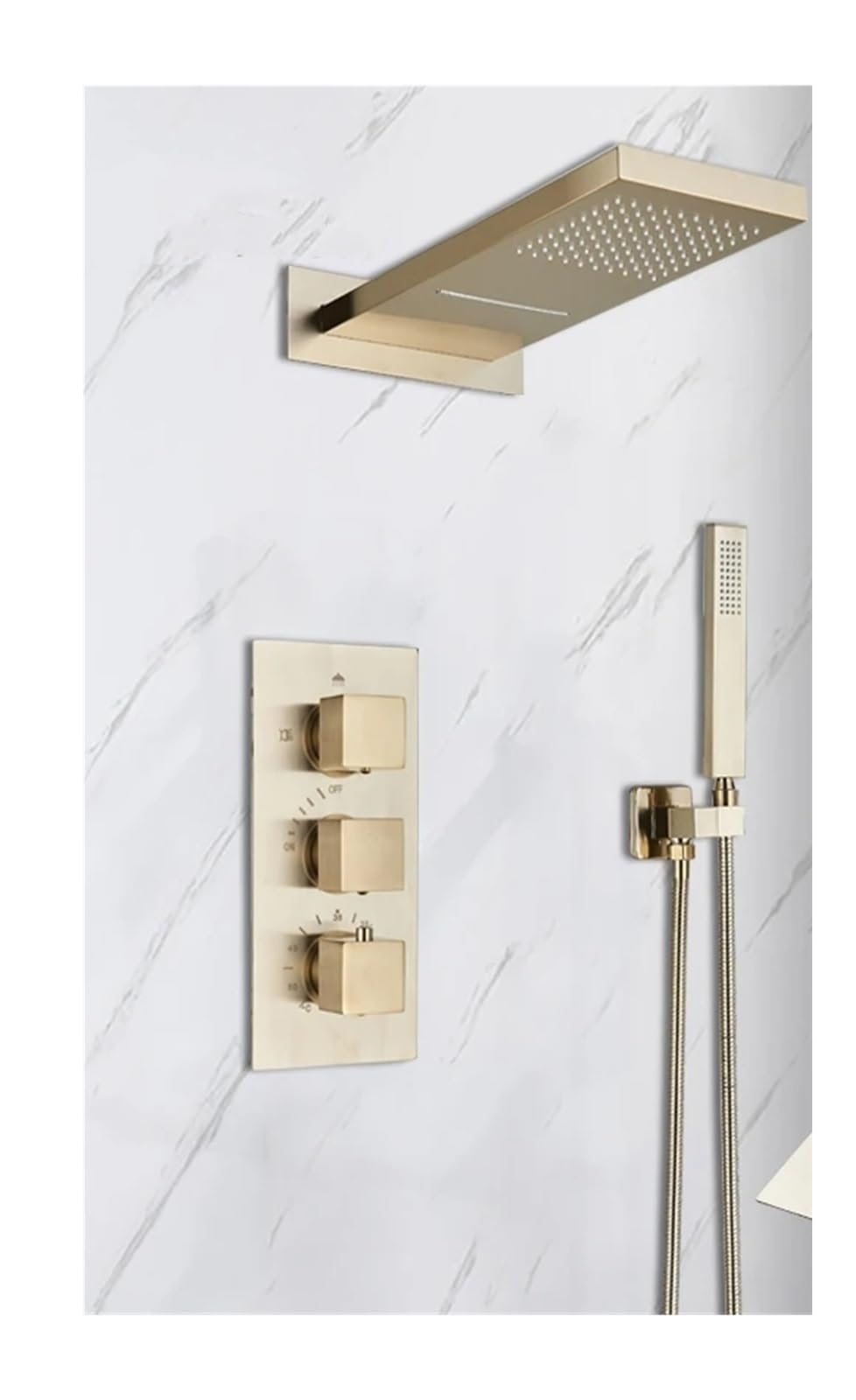 Tbddsd Gold Bathroom Shower Heads, Shower Kits, Brushed Thermostatic Faucet Waterfall Rainfall Head Abs Plastic Handheld Wall Mount 3 Way Hot Cold Mix(Gold)