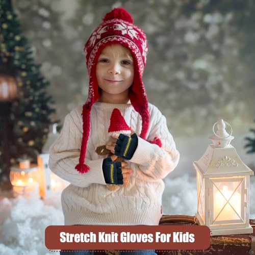 Image of Yahenda 4 Pairs Kids Mittens Fingerless Gloves Winter Knitted Convertible Mittens for Toddler Boy Girl Aged 5-10
