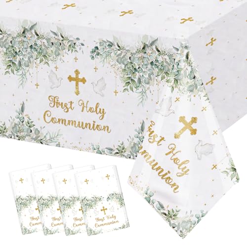 MEHOFOND First Communion Tablecloth 4 Pack 54x108 Inch Disposable Plastic Greenery Table Cover with Gold Cross for First Holy Communion Baptism Christening Religious Party Decorations