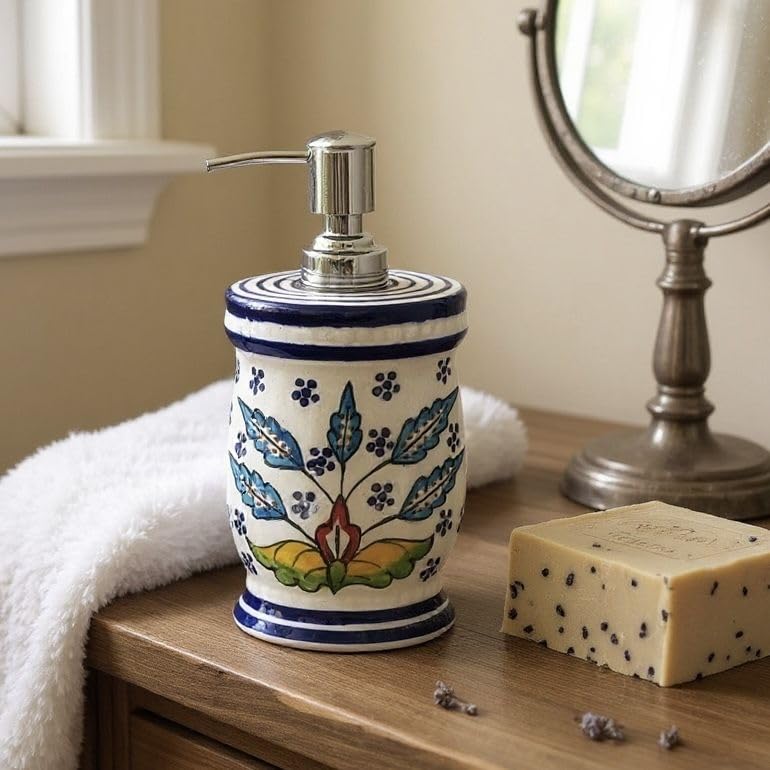 Image of Ceramic Soap Dispenser 330ml (Set of 1) | Multipurpose Lotion, Hand Wash & Liquid Soap Pump Bottle for Bathroom & Kitchen | Hand-Painted Blue & White Flower