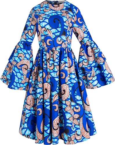 Image of Women's African Ruffle Long Sleeve Dress Ankara Print Maxi Dresses