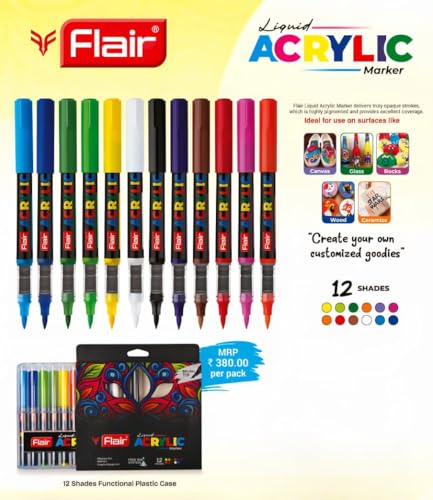 Image of FLAIR Liquid Acrylic Marker 12 Assorted Shades With Brush Tip, High & Rich Pigmented Colours| True Opaque, Bold & Broad Strokes, Multi-Surface Use| For Abstract, Pop & Graphic Design Art