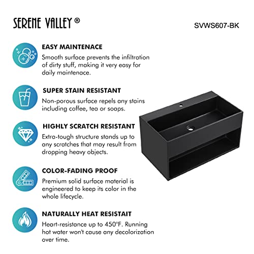 Serene Valley Bathroom Floating Vanity, 24" Wall-Mount Sink With Built-In Towel Space, Solid Surface Material In Matte Black, Svws607-24Bk #TOP2