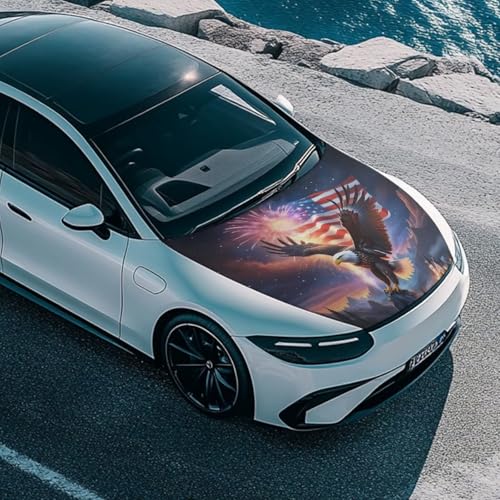 Image of Car Hood Cover, Car Hood Wrap Blankets Auto Banner Elastic Polyester Eagle and American Flag Automotive Accessories for Compact Cars Sedans SUV Trucks (59x39 Inch)