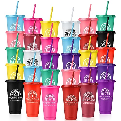 Bokon 30 Pcs 24oz Cups with Lids Straws Appreciation Gifts,Rainbow