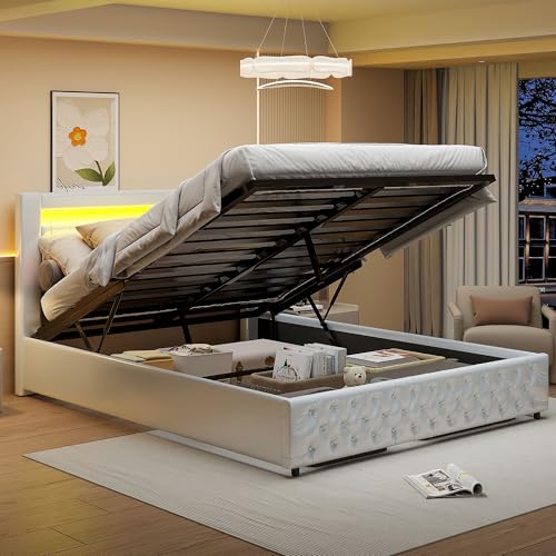 BRILVERDE Cama tapizada de 140 x 200 cm para cama doble con cabecero LED con somier, cama de almacenamiento hidráulica, cama juvenil moderna, marco de cama para adultos, PU, blanco