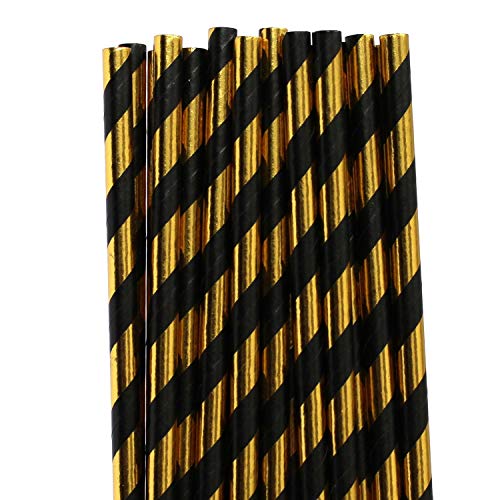 100 pitillos de papel negro y dorado con rayas metálicas miniatura 1