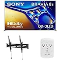 SONY K55XR80M2 55 Inch Bravia 8 QD-OLED 4K HDR Google TV with a Walts TILT-MOUNT-43-90 Large/XL Tilt Mount for 43"-98" TVs and Amber Protection 3-Outlet-Surge Surge Protector (2025)