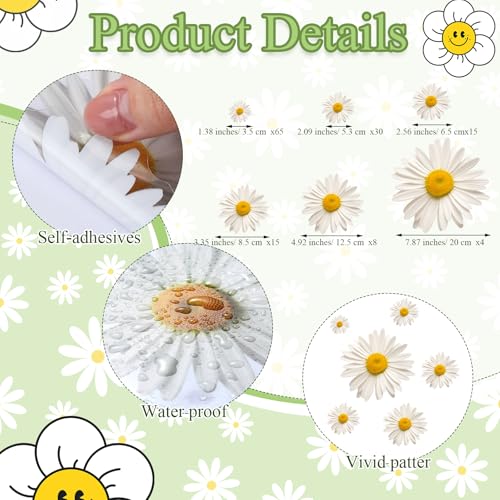 Image of Fuutreo 12 Sheets Daisy Stickers 130 Pcs Flower Car Decals Self Adhesive Vinyl Retro Flower Car Sticker for Bumper Mirror Window Clings Laptop Wall Decoration
