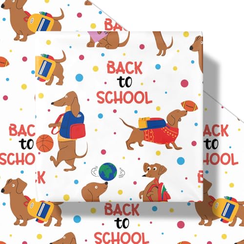 LeZakaa Dachshund Wrapping Paper Roll, Dachshunds Outfitted for School & BACK TO SCHOOL Lettering, Colorful Polka Dot Design for Kids Students Teachers, for Graduation Gift, Mini Roll 17 in x 16.4 Ft