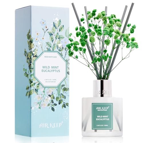 Image of Airkeep Reed Diffuser Set,3.38 fl oz (100 ml) - Wild Mint&Eucalyptus Oil Diffusers with 8 Reed Sticks, Home Fragrance Reed Diffuser for Bathroom Shelf Decor