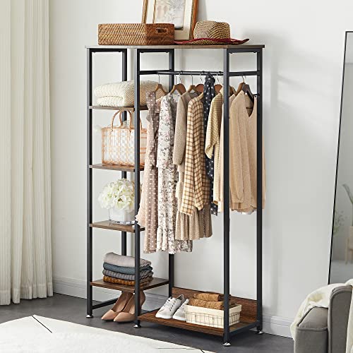 Vecelo Free-Standing Heavy Duty Vintage Closet/Storage Organizer For Bedroom Clothes Garment Rack With Shelves And Hanging Rod, Dark Brown #TOP1