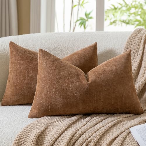 Image of Mandioo Pack of 2 Faux Linen Chenille Cushion covers 30x50 cm 12x20 Inch Decorative Pillow Covers Velvet Accent Throw Pillow Case for Couch Sofa Living Room Bedroom Farmhouse Decor Bronze